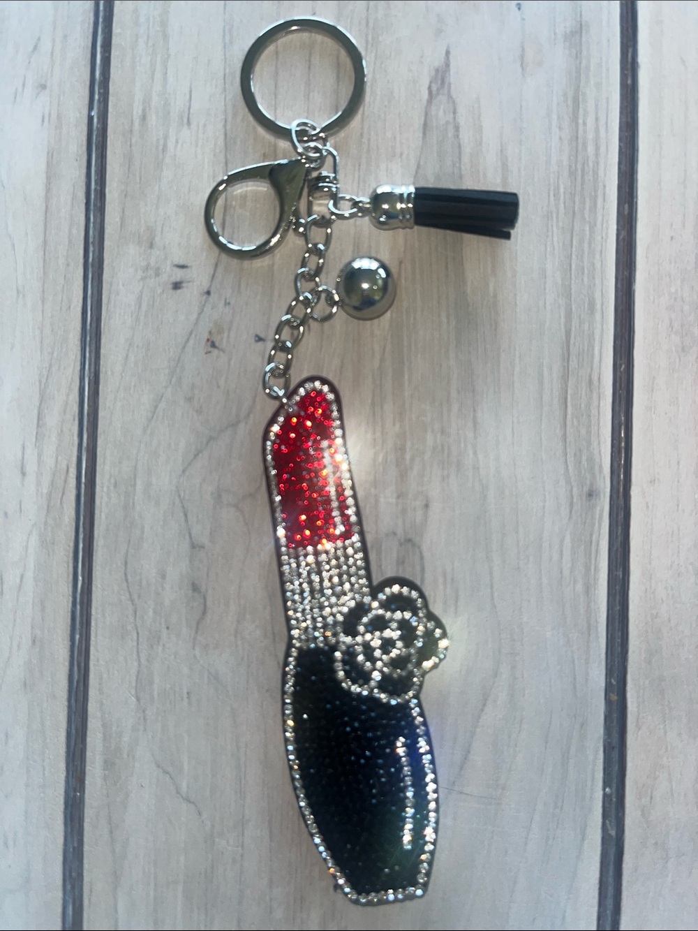 Bejeweled red lipstick keychain or bag charm